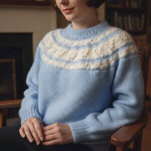 Vintage adorable pastel blue and white cloudy soft fluffy hand knit sweater